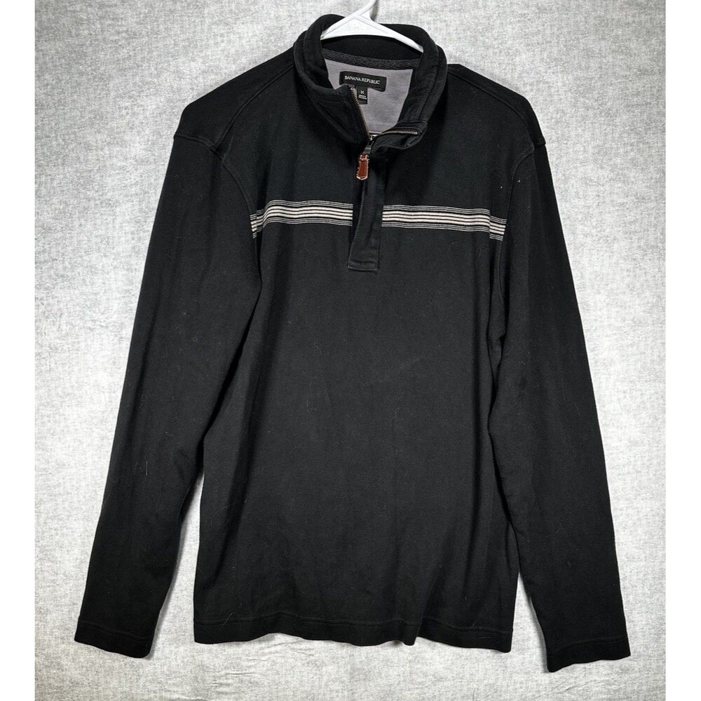 Banana Republic Mens Medium 1/4 Zip Fleece Pullover Black Sweater Cotton